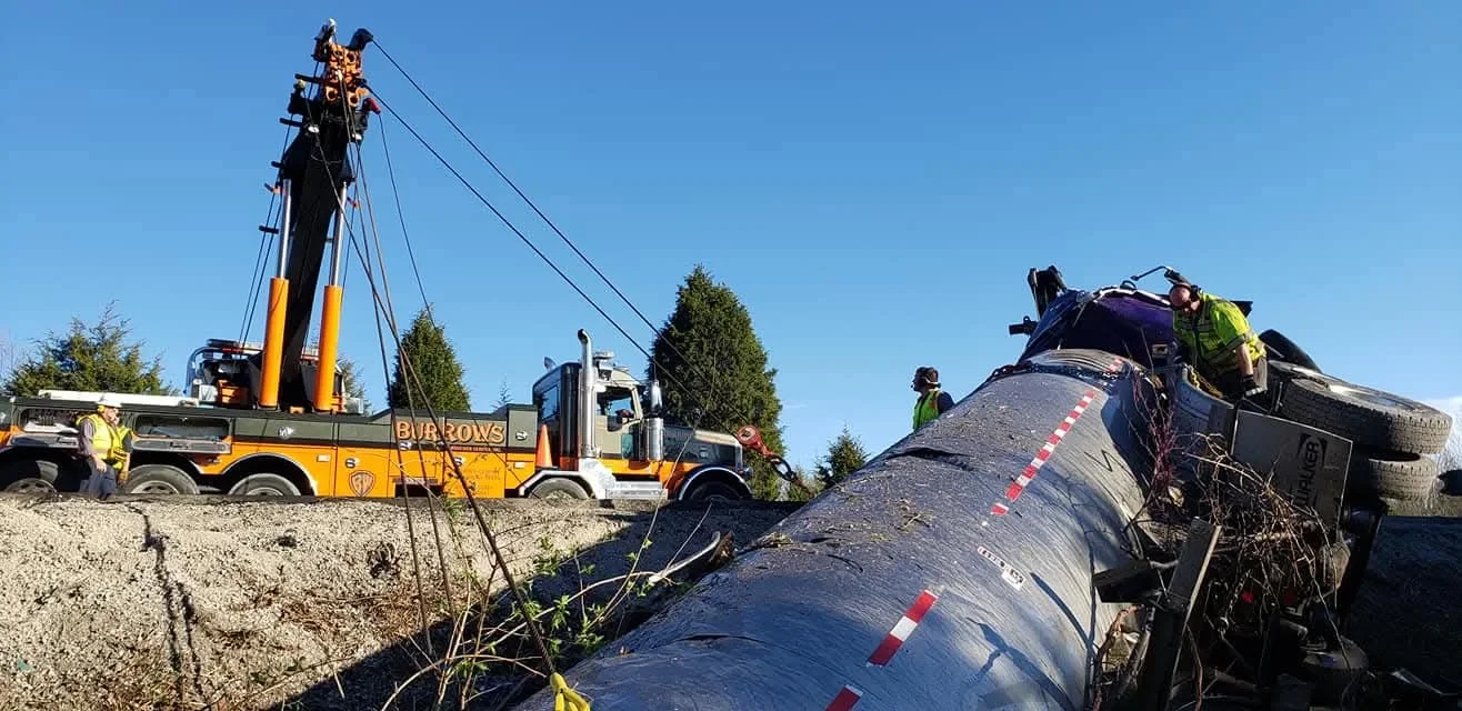 Burrows team recovering an overturned tanker trailer